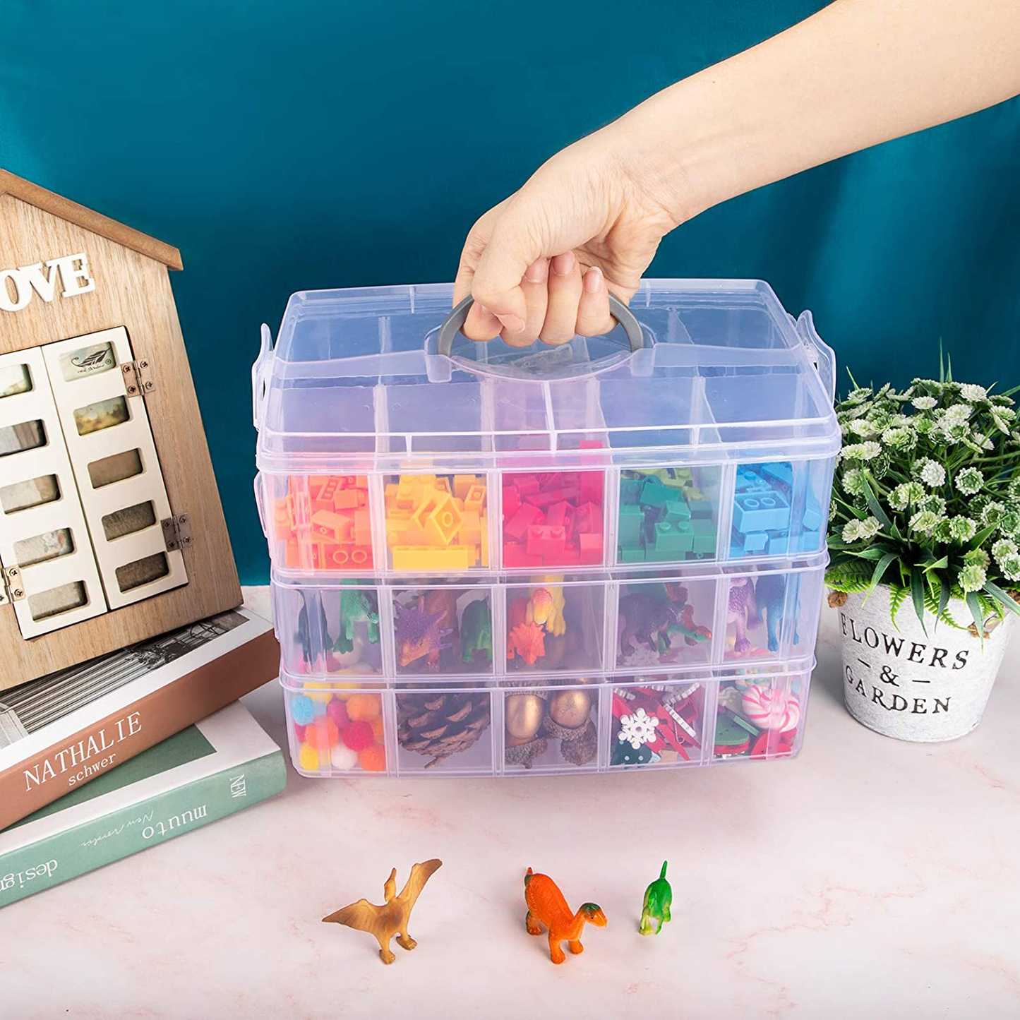 SGHUO 3-Tier Stackable Storage Container Box with 30 Compartments, Plastic Organizer Box for Arts and Crafts, Toy, Fuse Beads, Washi Tapes, 9.5X6.5X7.2Inch