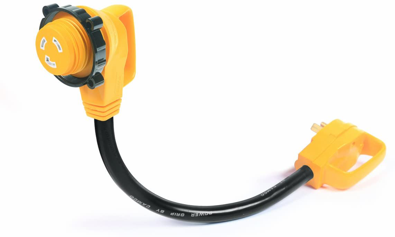 Camco (55165) Heavy Duty RV Dogbone Electrical Adapter with Innovative 180 Degree Bend Design and Easy PowerGrip Handle