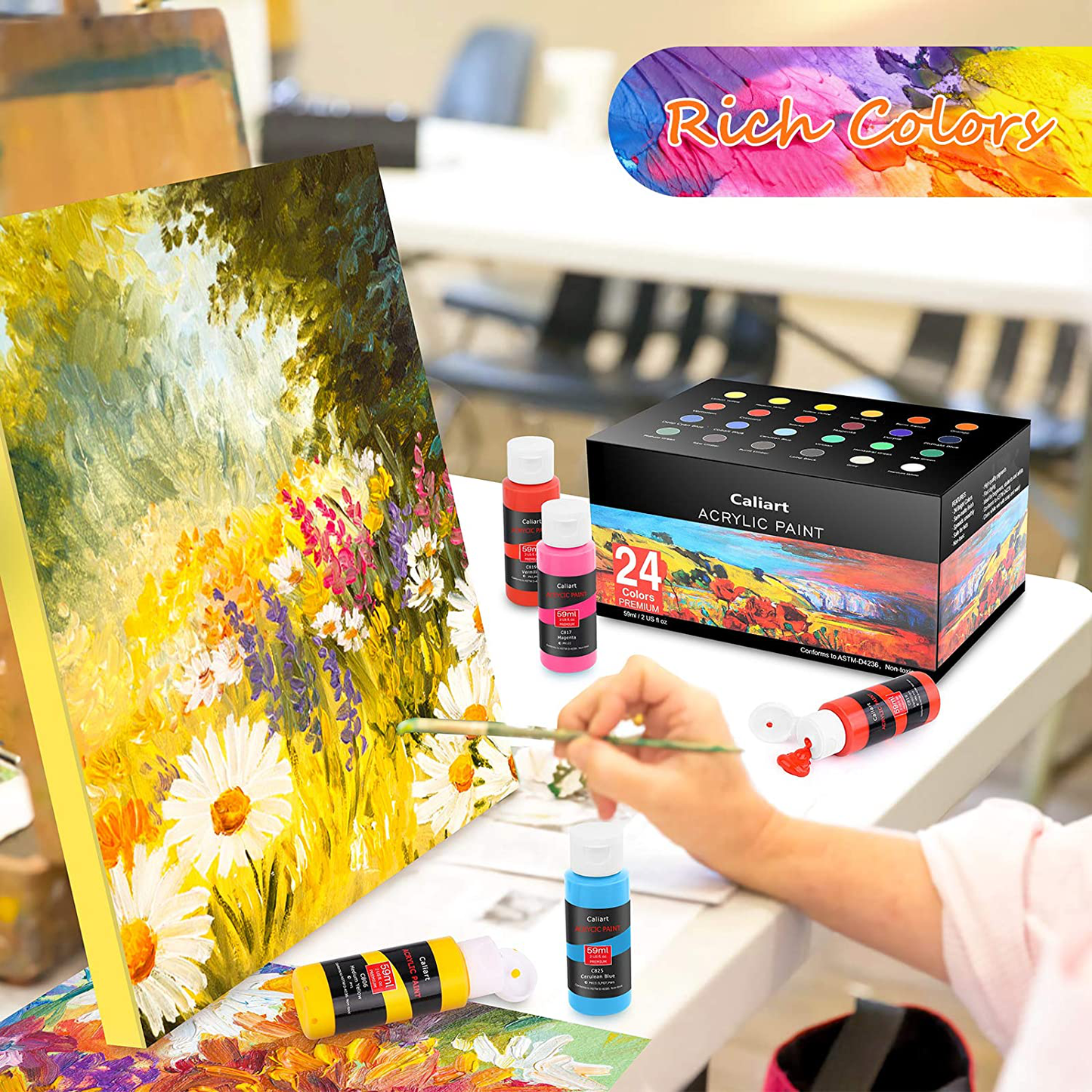 Acrylic Paint Set, Caliart 24 Vivid Colors (59ml, 2oz) Art Craft Paint Supplies for Canvas Wood Ceramic Rock Painting