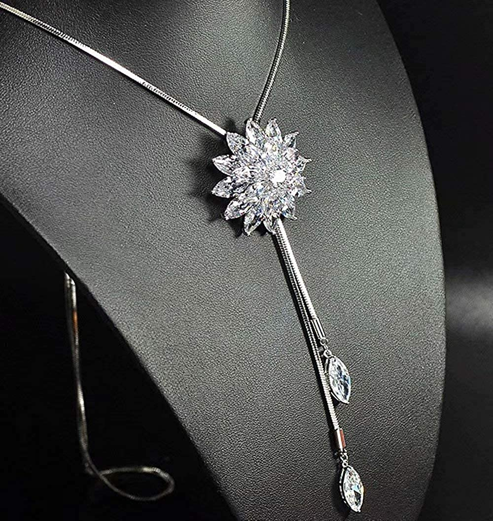 Women Alloy Pendant Rhinestone Long Chain Sweater Necklace