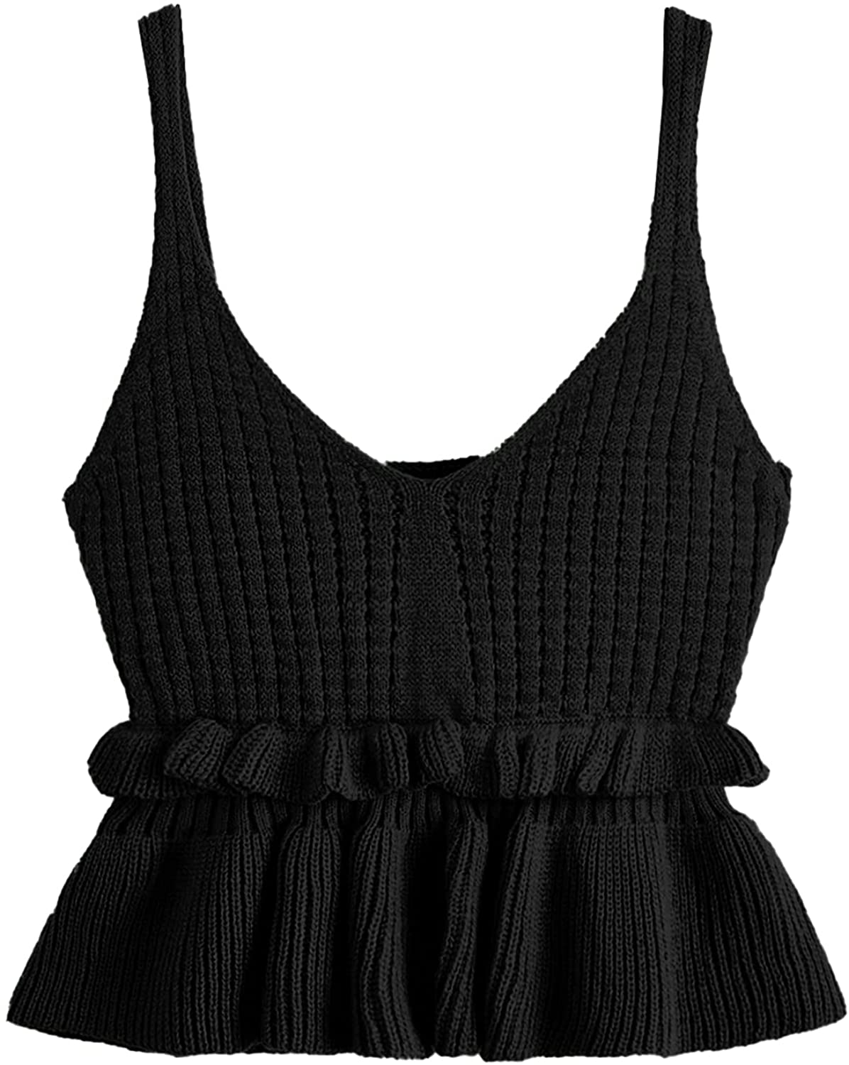 SweatyRocks Women's Casual Knit Top Sleeveless Ruffle Hem V Neck Peplum Crop Tank Top