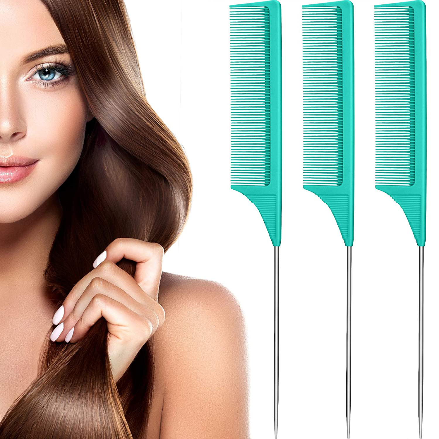 3 Packs Rat Tail Comb Steel Pin Rat Tail Carbon Fiber Heat Resistant Teasing Combs with Stainless Steel Pintail