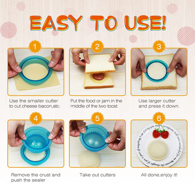 HiYZ Sandwich Cutter and Sealer, Pack of 5 Uncrustables Sandwich Maker for Kids, Bread Sandwich Decruster Pancake Maker DIY Cookie Cutter for Boys Girls Lunch Lunchbox Bento Box(Blue with Notes)