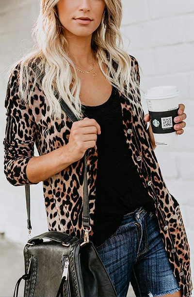 Women Lightweight Cardigan Leopard Printed Button Down Cardigans Shirt W Pockets(S-2XL)