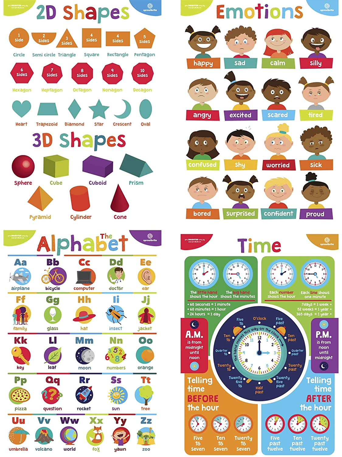 Sproutbrite Educational Posters for Toddlers - Classroom Decorations - Kindergarten Homeschool Supplies Materials - Preschool Learning Decor - ABC Poster - 11 Charts for Distance Learning