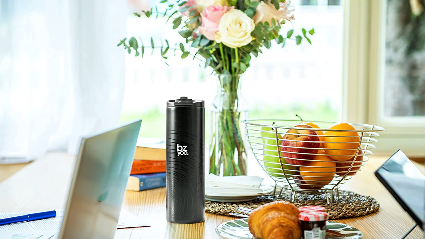 bzyoo Brew 18/8 Stainless Vacuum Drinking BPA-Free 12oz Coffee Mug Water Thermal Bottle with Leak Proof Design for Hike Camping Holiday New Year Gifts Wellness (Gold)