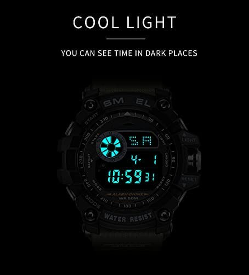 Mens Large Dial Analog Digital Watch Casual Sport Watch Multifunction Military Watch with LED Light