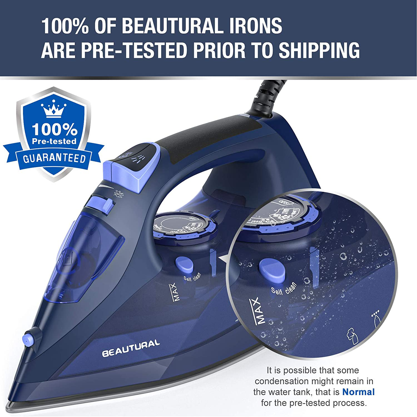 BEAUTURAL Steam Iron for Clothes with Precision Thermostat Dial, Ceramic Coated Soleplate, 3-Way Auto-Off, Self-Cleaning, Anti-Calcium, Anti-Drip