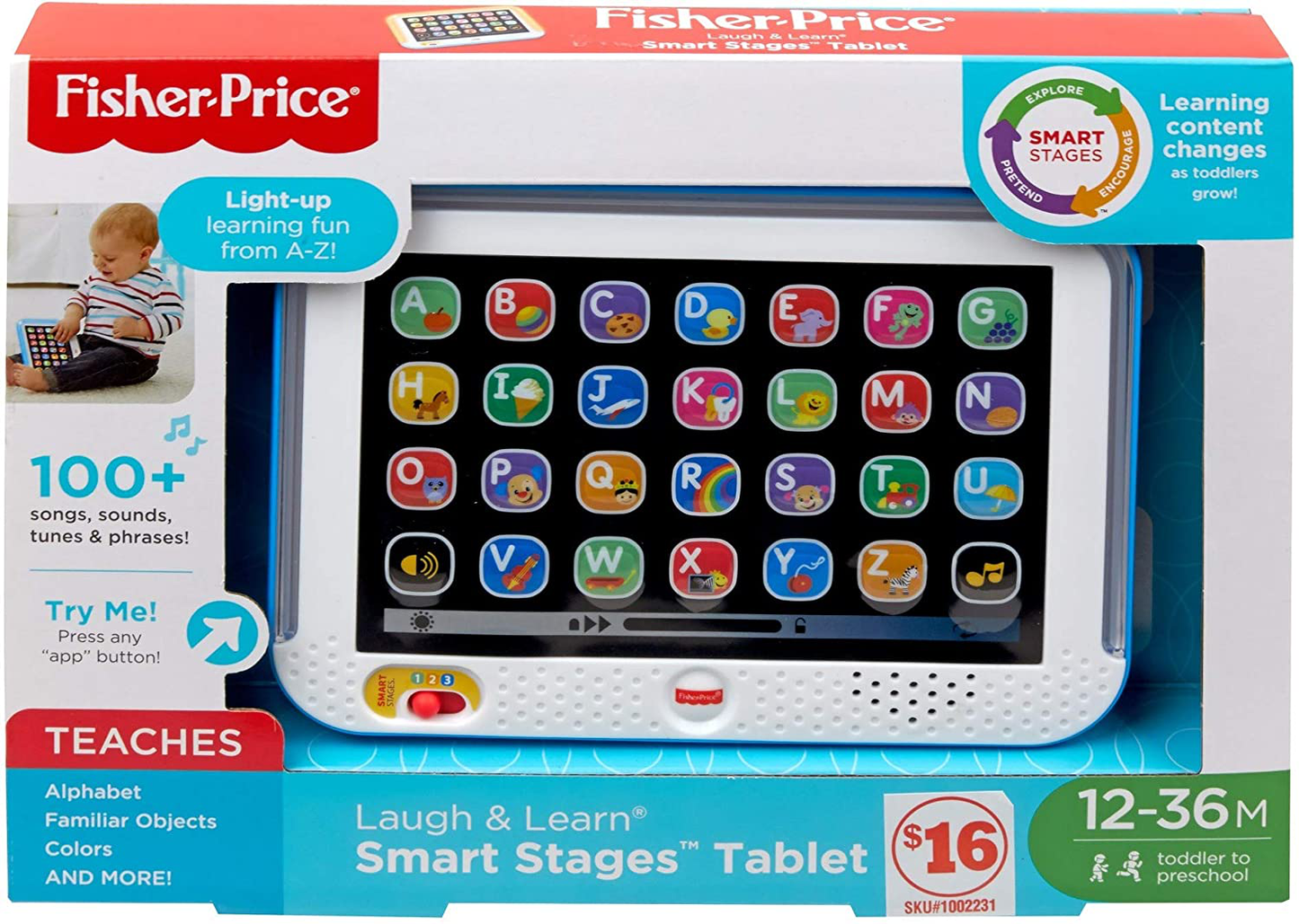 Fisher-Price Laugh & Learn Smart Stages Tablet, Blue, Musical Toy with Lights, Sounds and Learning Content for Infants and Toddlers