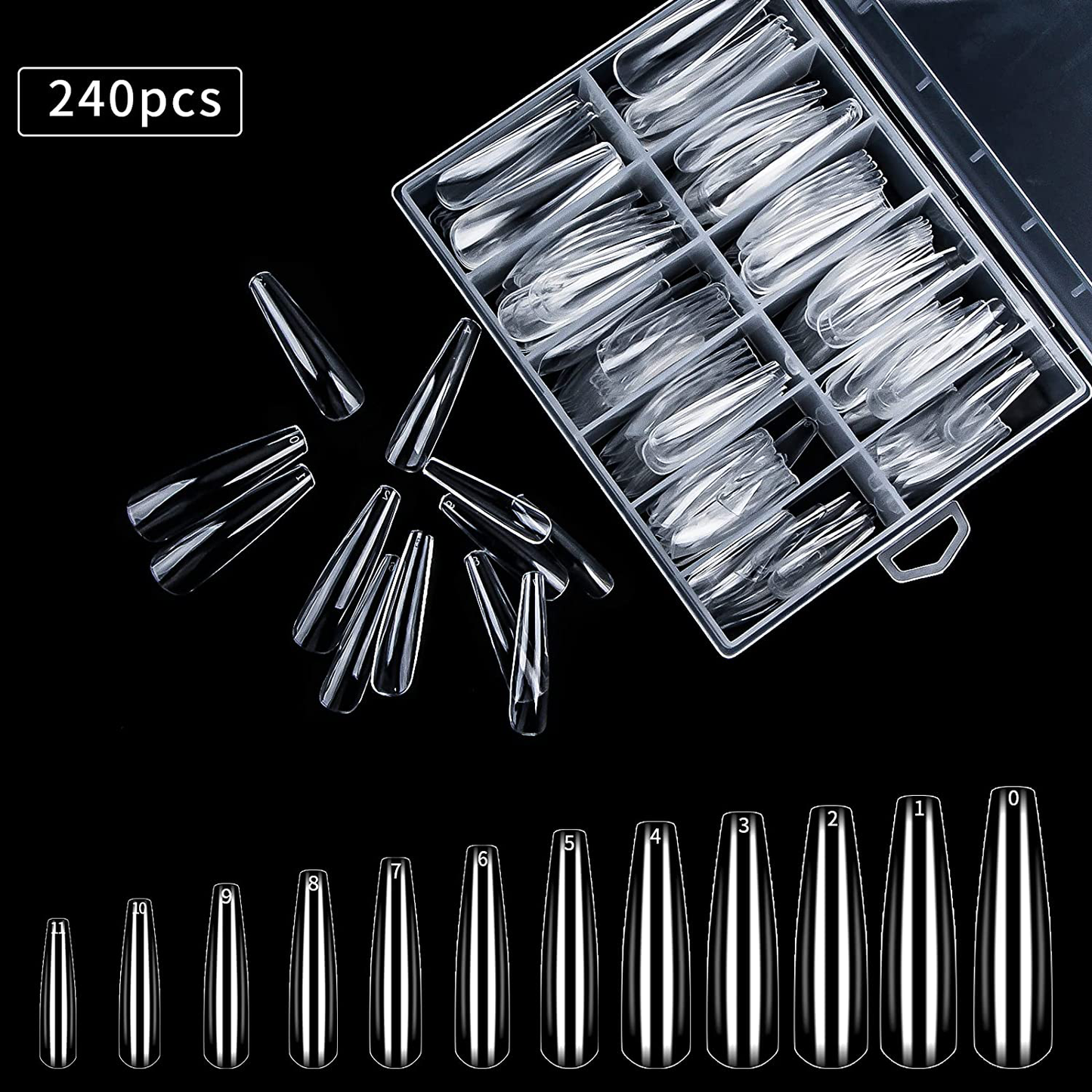 Auseibeely 240PCS Extra Long Full Cover Clear Coffin Nails, XXL Ballerina False Nail Tips Acrylic Nail Tips Kit with Nail Glue/Clipper/File Nail Tools for Nail Art Salons Home DIY, 10 Sizes