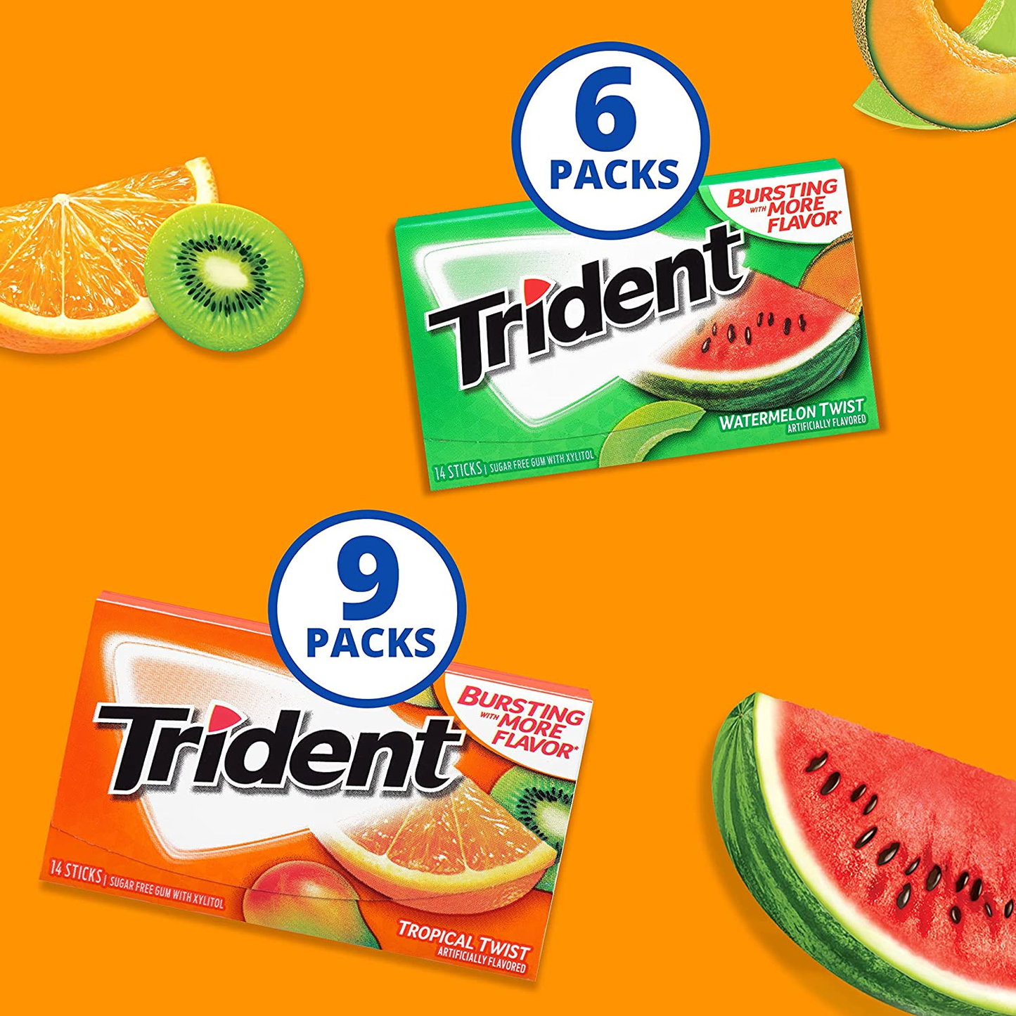 Trident Sugar Free Gum Variety Pack, Watermelon Twist & Tropical Twist Flavors, 15 Packs (210 Pieces Total)