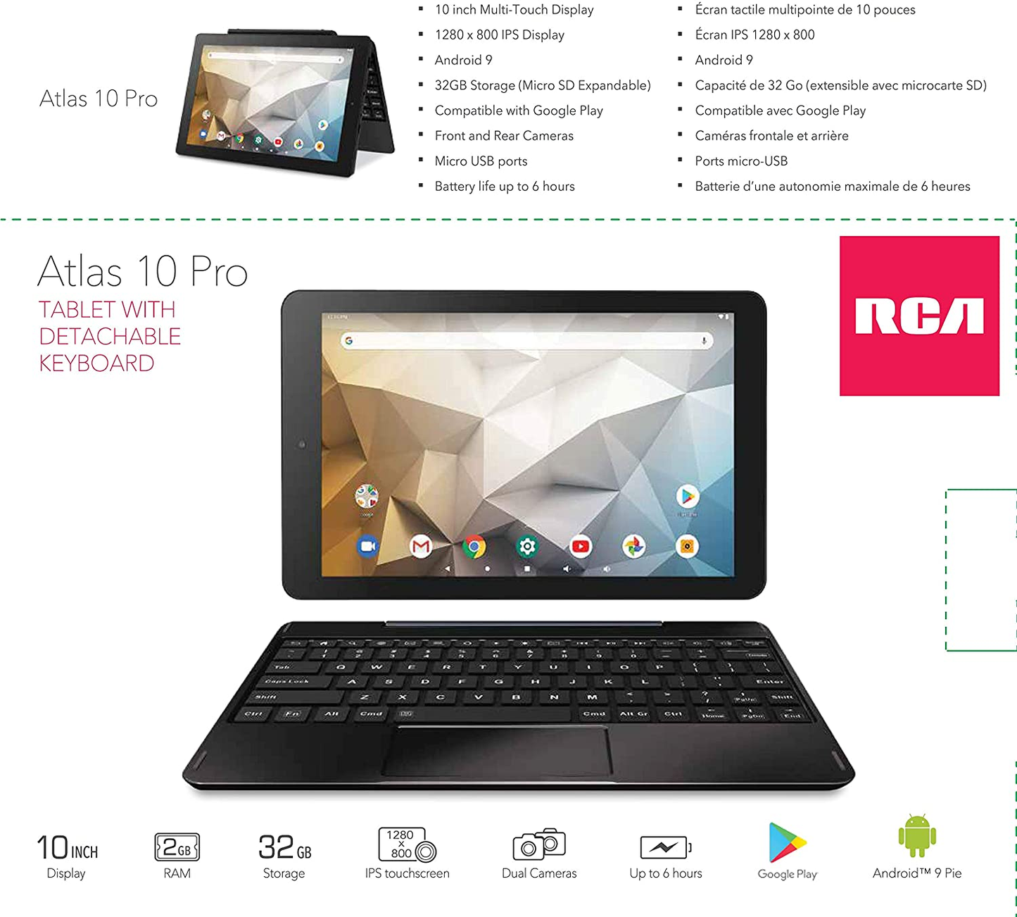 RCA Atlas 10 Pro (RCT6B06P23H) 10 Inch Android 9 Tablet with Keyboard Black (Renewed)