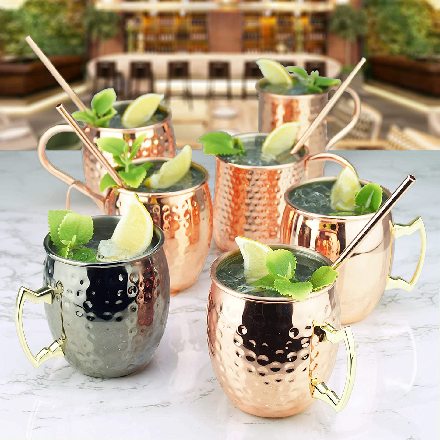 PG Moscow Mule Mugs | Large Size 19 Ounces | Set of 4 Hammered Cups | Stainless Steel Lining | Pure Copper Plating | Gold Brass Handles | 3.7 Inches Diameter X 4 Inches Tall