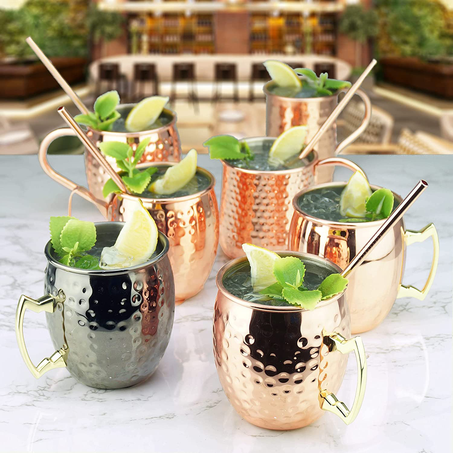 PG Moscow Mule Mugs | Large Size 19 Ounces | Set of 4 Hammered Cups | Stainless Steel Lining | Pure Copper Plating | Gold Brass Handles | 3.7 Inches Diameter X 4 Inches Tall