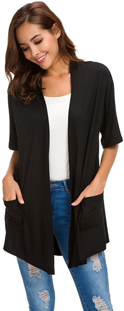 Womens Short Sleeve Open Front Lightweight Casual Comfy Long Line Drape Hem Soft Modal Cardigans Sweater with Two Pockets