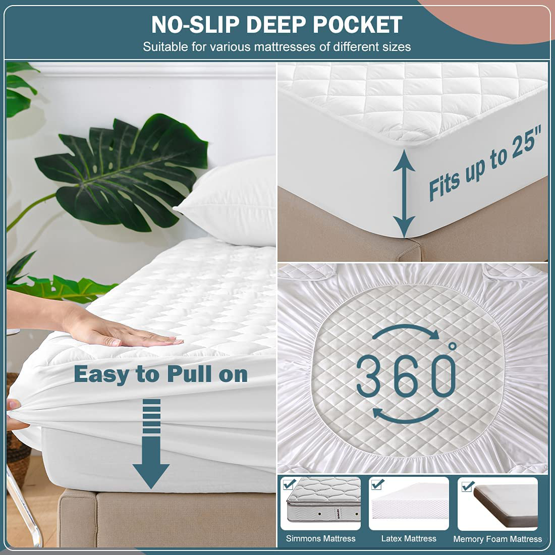 UNILIBRA 100% Waterproof Quilted Mattress Pad Twin XL Size, 6''-19'' Deep Pocket Fitted Mattress Protector Cover, Breathable, Hollow Cotton Alternative Filling Mattress Topper