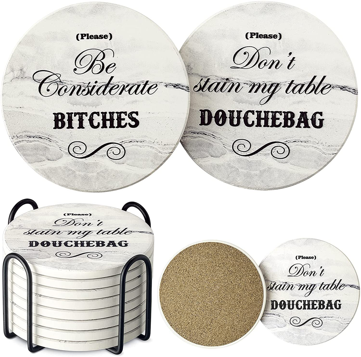 LIFVER Funny Coasters for Drinks Absorbent with Holder,8 Set Coasters with Cork Base, Ceramic White Marble Style Drink Coaster with 4 Sayings for Wooden Table, Bar, Housewarming Gifts