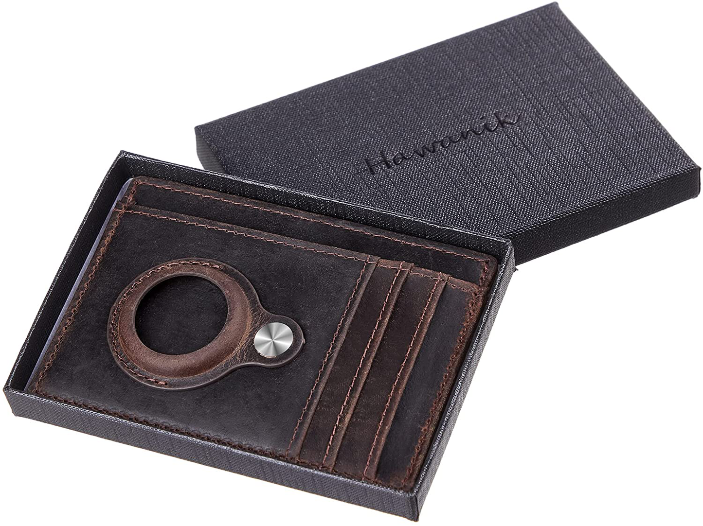 Hawanik Genuine Leather Slim Minimalist Front Pocket Wallet with Built-In Holder for Airtag