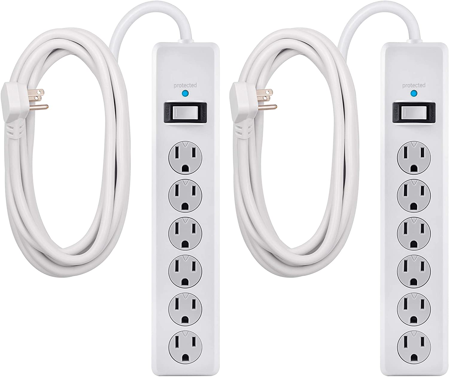 GE 6 Outlet Surge Protector, 10 Ft Extension Cord, Power Strip, 800 Joules, Flat Plug, Twist-to-Close Safety Covers, White, 14092