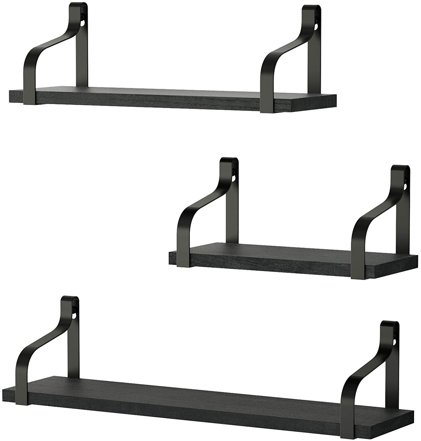 Love-KANKEI Floating Shelves Wall Mounted Rustic Wood Wall Shelves Set of 3 for Bedroom Living Room Bathroom Kitchen Black/Brown Brackets