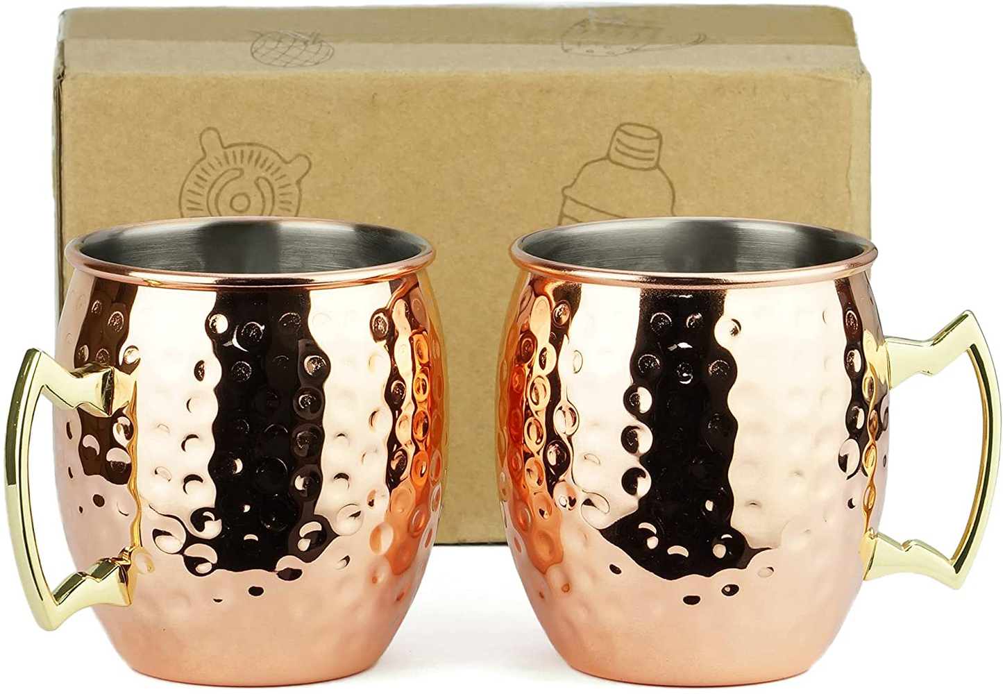 PG Moscow Mule Mugs | Large Size 19 Ounces | Set of 4 Hammered Cups | Stainless Steel Lining | Pure Copper Plating | Gold Brass Handles | 3.7 Inches Diameter X 4 Inches Tall