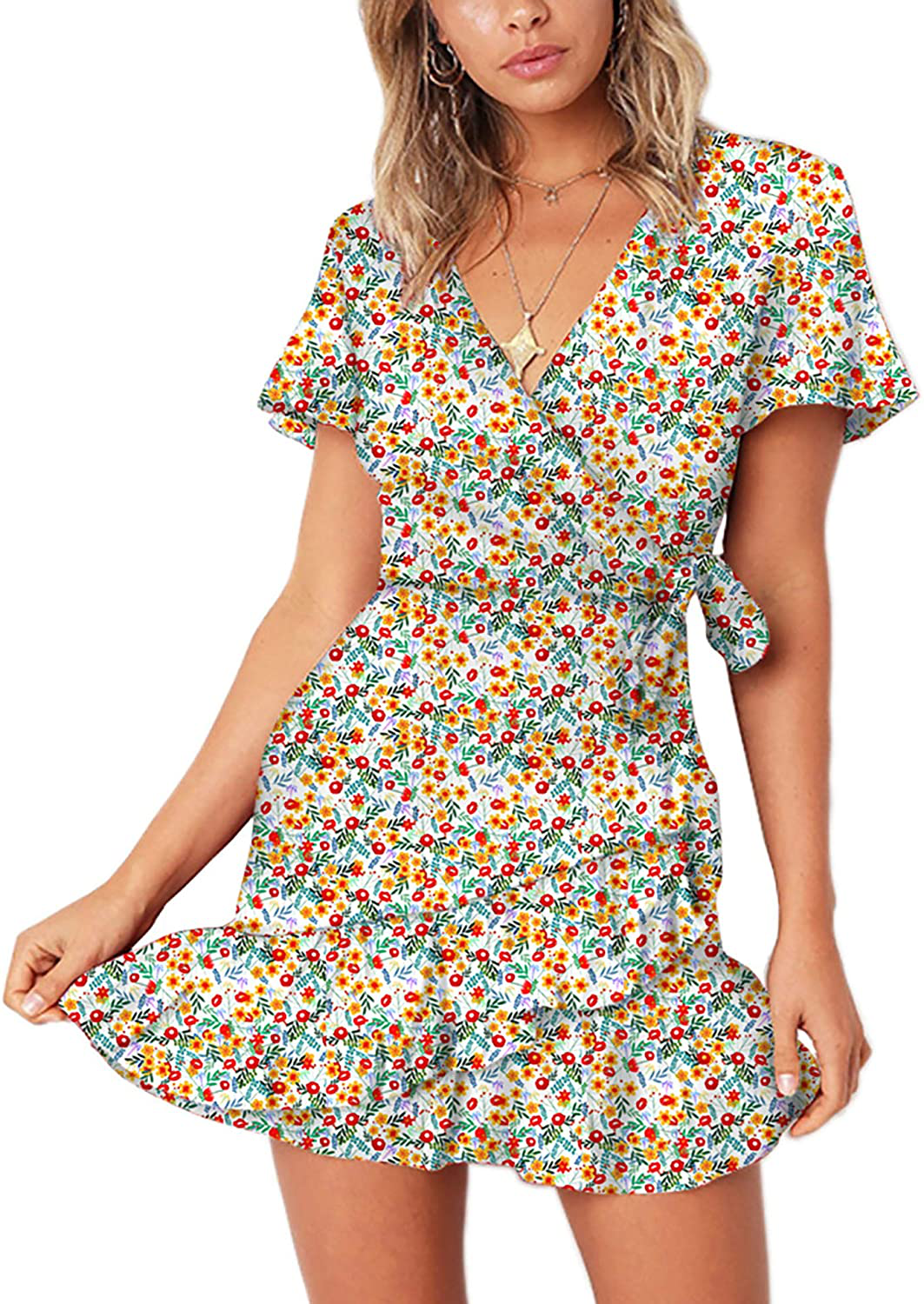 Relipop Summer Women Short Sleeve Print Dress V Neck Casual Short Dresses