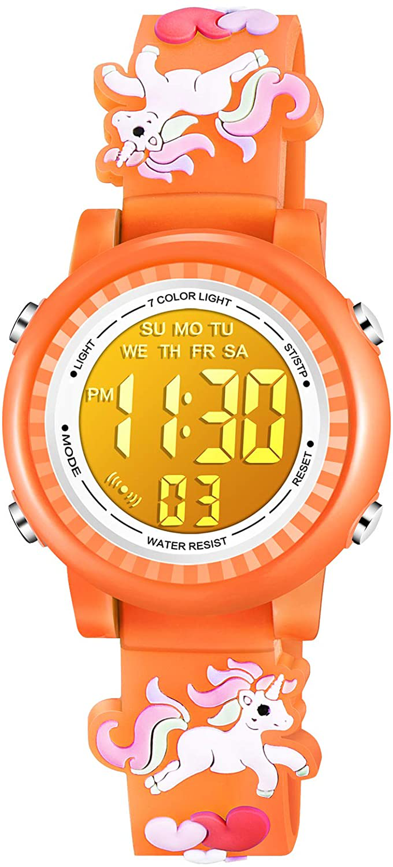 Venhoo Kids Watches 3D Cartoon Waterproof 7 Color Lights Toddler Wrist Digital Watch with Alarm Stopwatch for 3-10 Year Girls Little Child