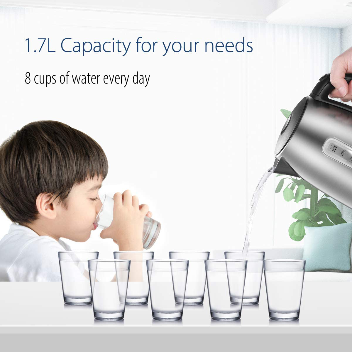Stainless Steel Cordless Electric Kettle. 1500W Fast Boil with LED Light, Auto Shut-Off and Boil-Dry Protection. 1.7 Liter