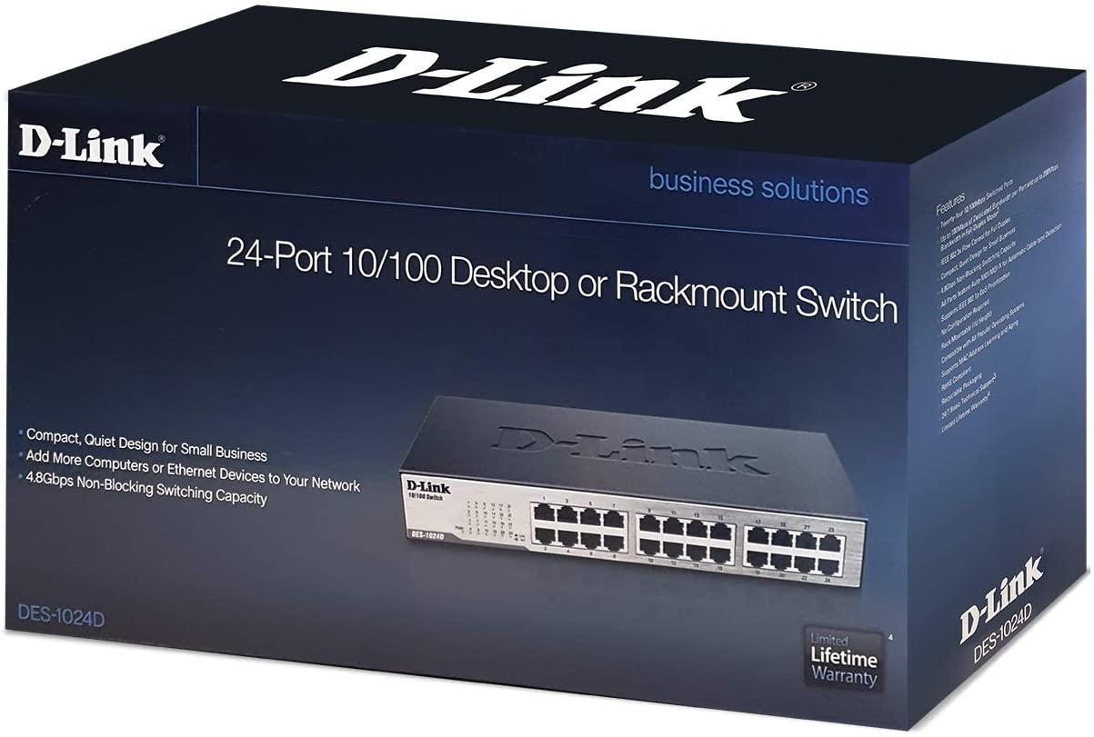 D-Link Fast Ethernet Switch, 24 Port Unmanaged 10/100 Mbps Desktop Rackmount Network Internet Hub (DES-1024D), Black