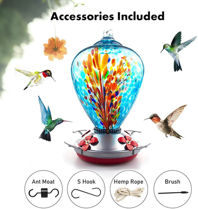 Muse Garden Hummingbird Feeder for Outdoors, Hand Blown Glass, 34 Ounces, Containing Ant Moat, Comet