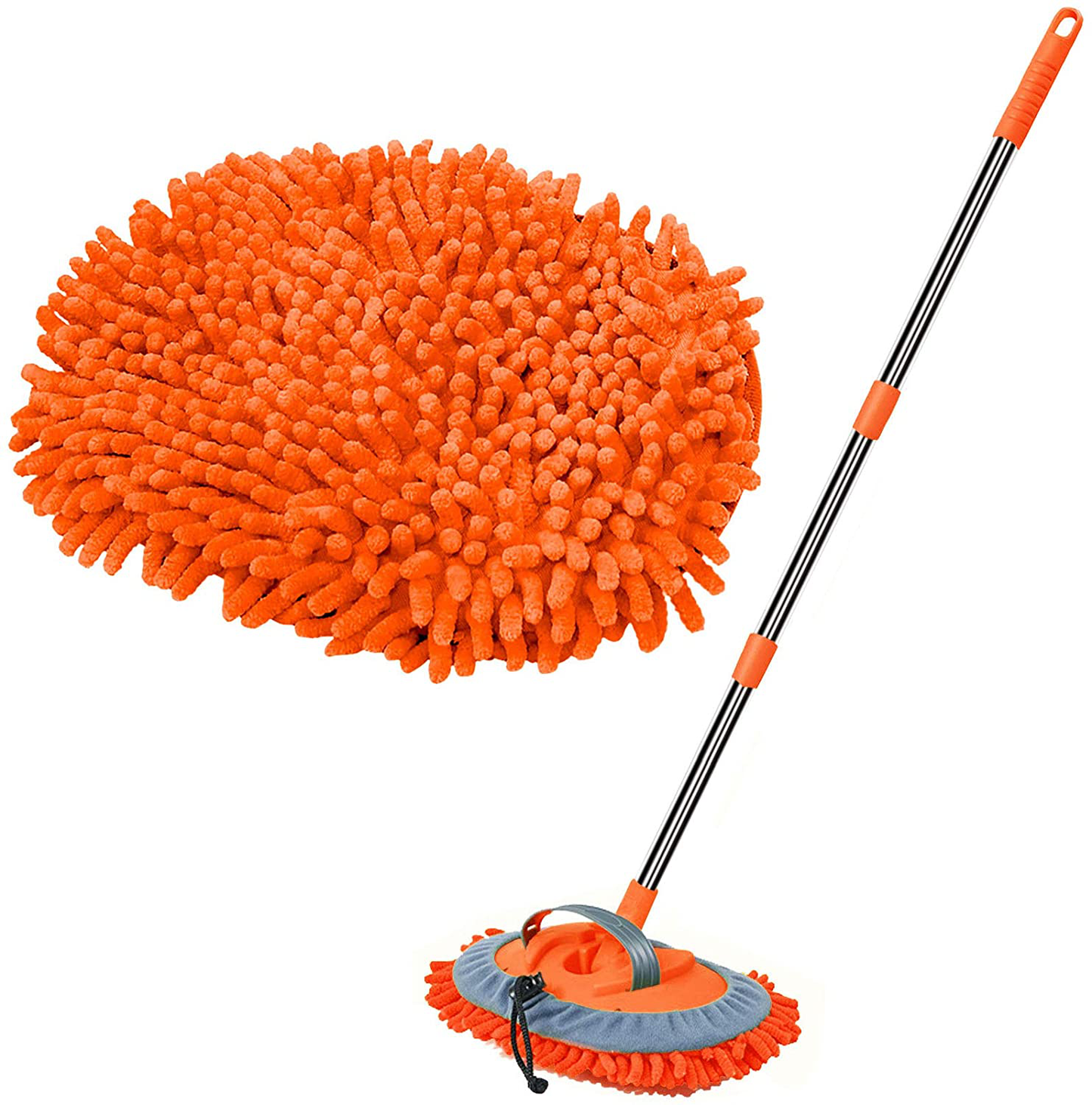 WillingHeart 47.5" Car Wash Brush Mop Cleaning Tool with Long Handle Kit for Washing Detailing Cars Truck, SUV, RV, Trailer, Boat 2 in 1 Chenille Microfiber Sponge Duster Not Hurt Paint Scratch Free