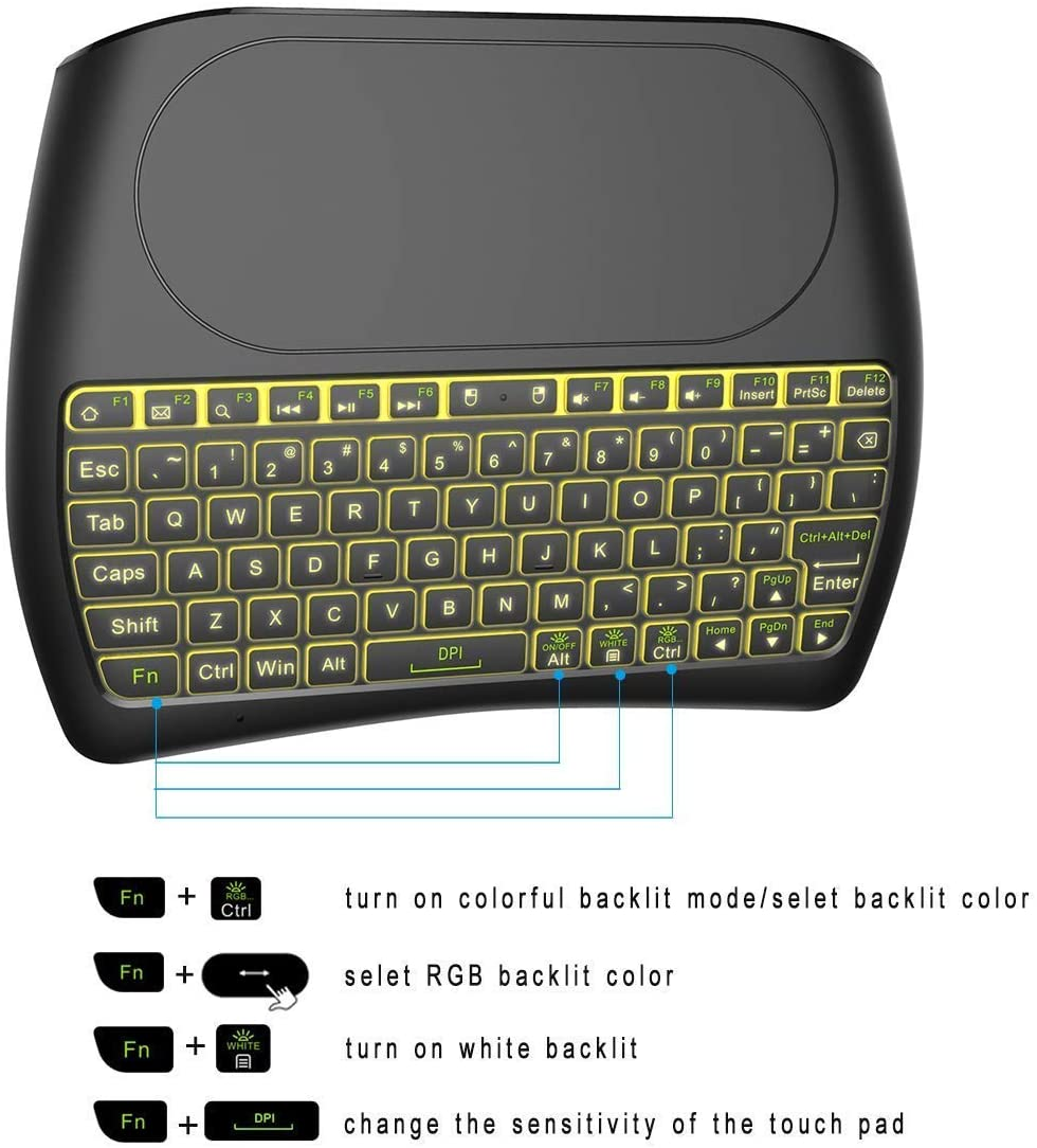 Mini Wireless Keyboard,D8 Mini Keyboard with Touchpad,Colorful Backlit Small Wireless Keyboard,Mini Handheld Remote Keyboard for Pc,Raspberry Pi 4, Android TV Box,Kodi,Windows 7 8 10
