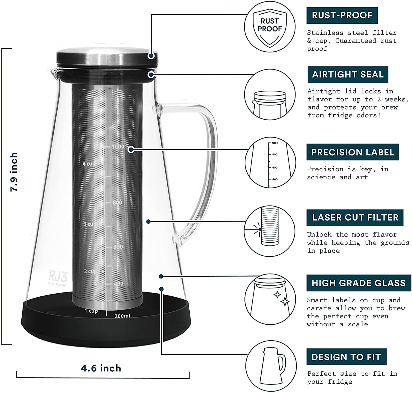 Airtight Cold Brew Iced Coffee Maker (& Iced Tea Maker) with Spout – 1.5L/ 51oz Ovalware RJ3 Brewing Glass Carafe with Removable Stainless Steel Filter