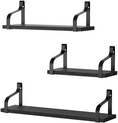 Love-KANKEI Floating Shelves Wall Mounted Set of 3, Rustic Wood Wall Storage Shelves for Bedroom, Living Room, Bathroom, Kitchen, Office and More Carbonized Black