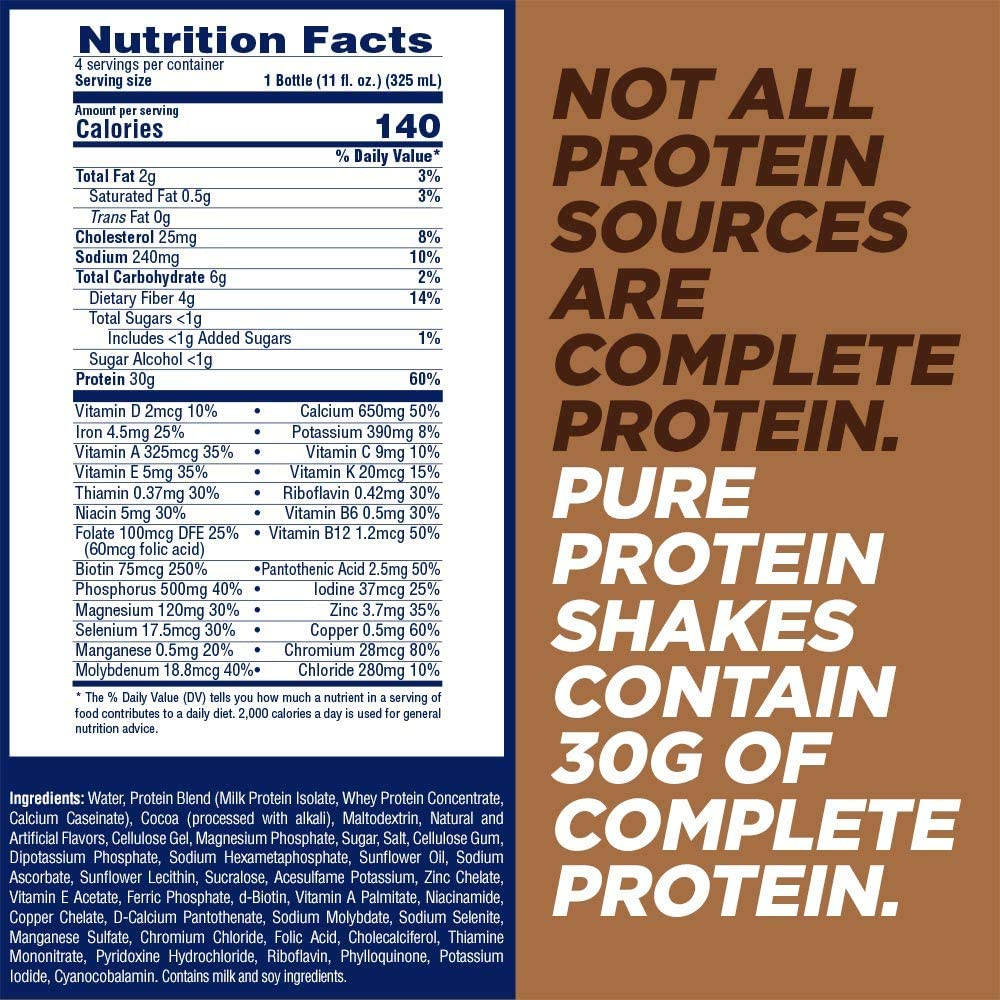Pure Protein Chocolate Protein Shake, 30G Complete Protein, Ready to Drink and Keto-Friendly, Vitamins A, C, D, and E plus Zinc to Support Immune Health, 11Oz Bottles, 12 Pack