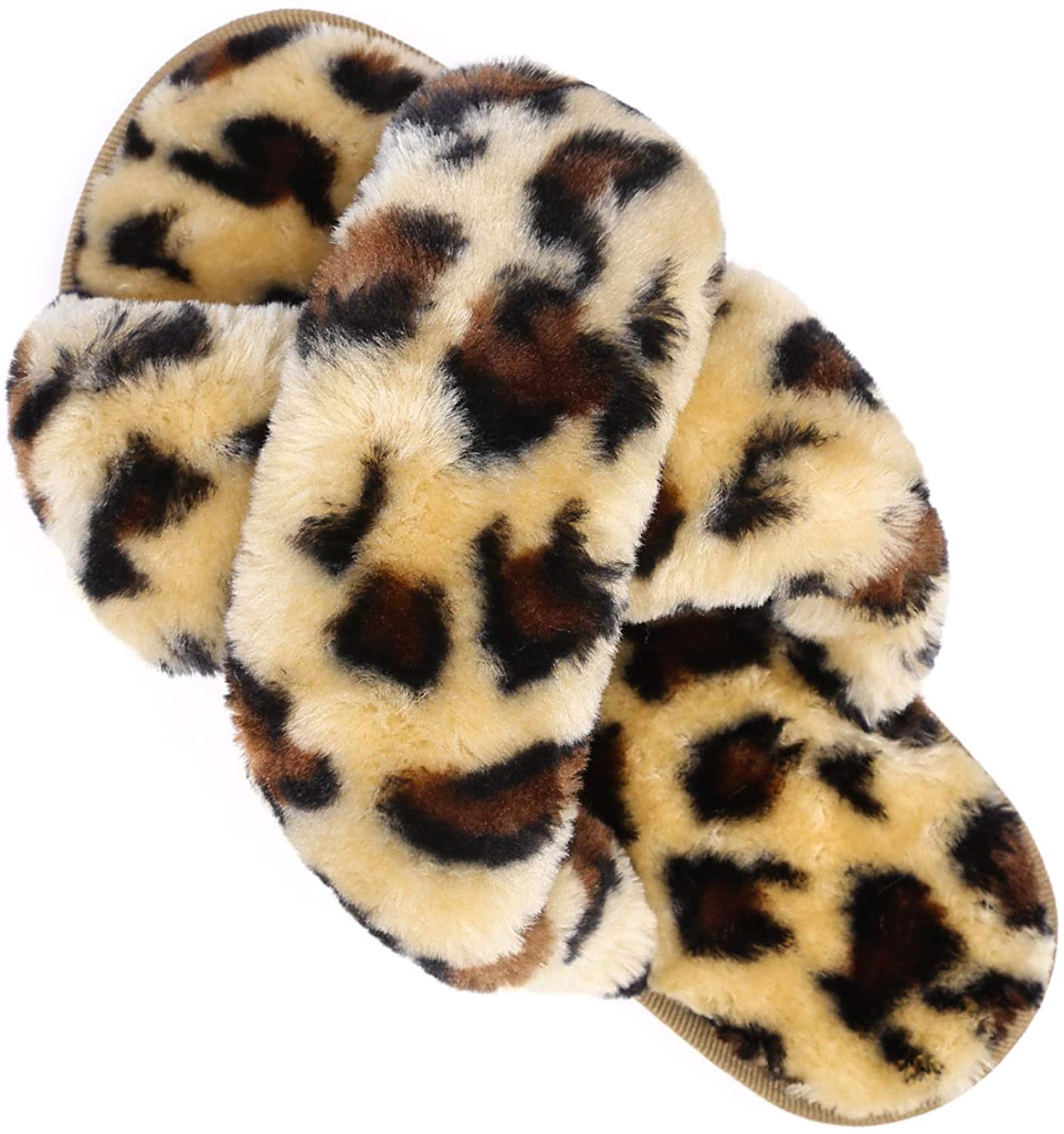 Womens House Fuzzy Slippers Leopard Cross Band Soft Plush Fluffy Slippers Furry Fleece Slip on Slippers Open Toe House Warm Bedroom Shoes Slides