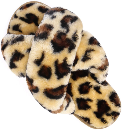 Womens House Fuzzy Slippers Leopard Cross Band Soft Plush Fluffy Slippers Furry Fleece Slip on Slippers Open Toe House Warm Bedroom Shoes Slides