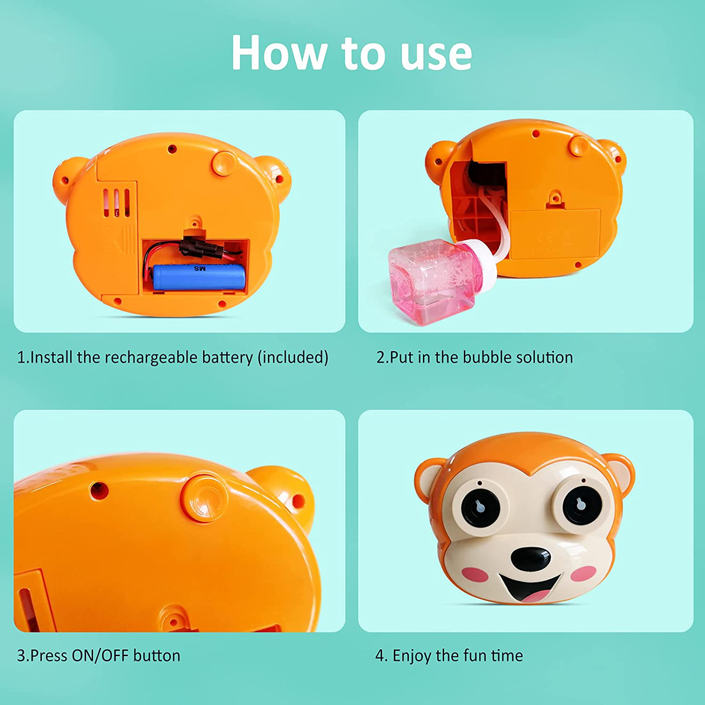 Kimiangel Rechargeable Bubble Machine for Kids, Monkey Automatic Bubble Camera Blower Toy with Light and Music for Parties, Weddings, Outdoor, 800+ Bubbles Per Minute Bubble Maker with Bubble Solution