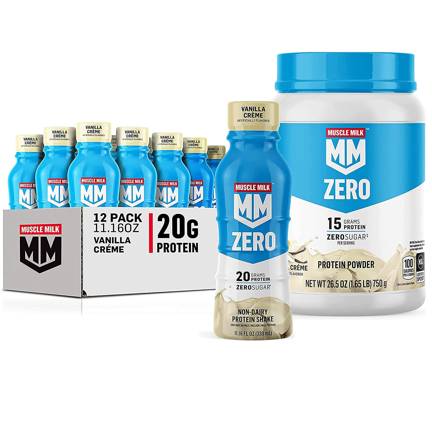 Muscle Milk Zero Protein Shake, Vanilla Crème, 11.16 Fl Oz Bottle, 12 Pack, 20G Protein, Zero Sugar, 100 Calories, Calcium, Vitamins A, C & D, 4G Fiber, Energizing Snack, Workout Recovery, Packaging May Vary