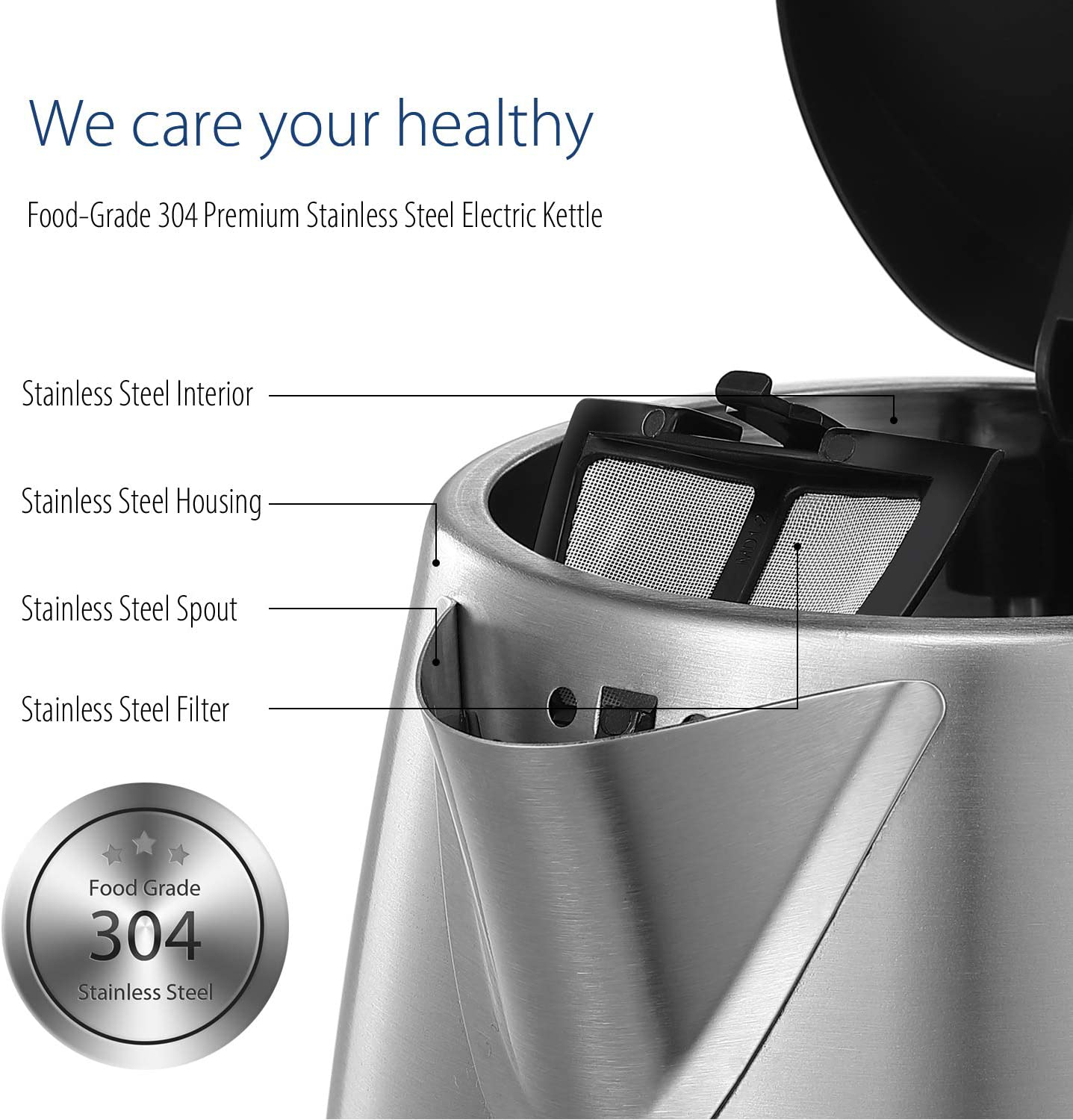 Stainless Steel Cordless Electric Kettle. 1500W Fast Boil with LED Light, Auto Shut-Off and Boil-Dry Protection. 1.7 Liter