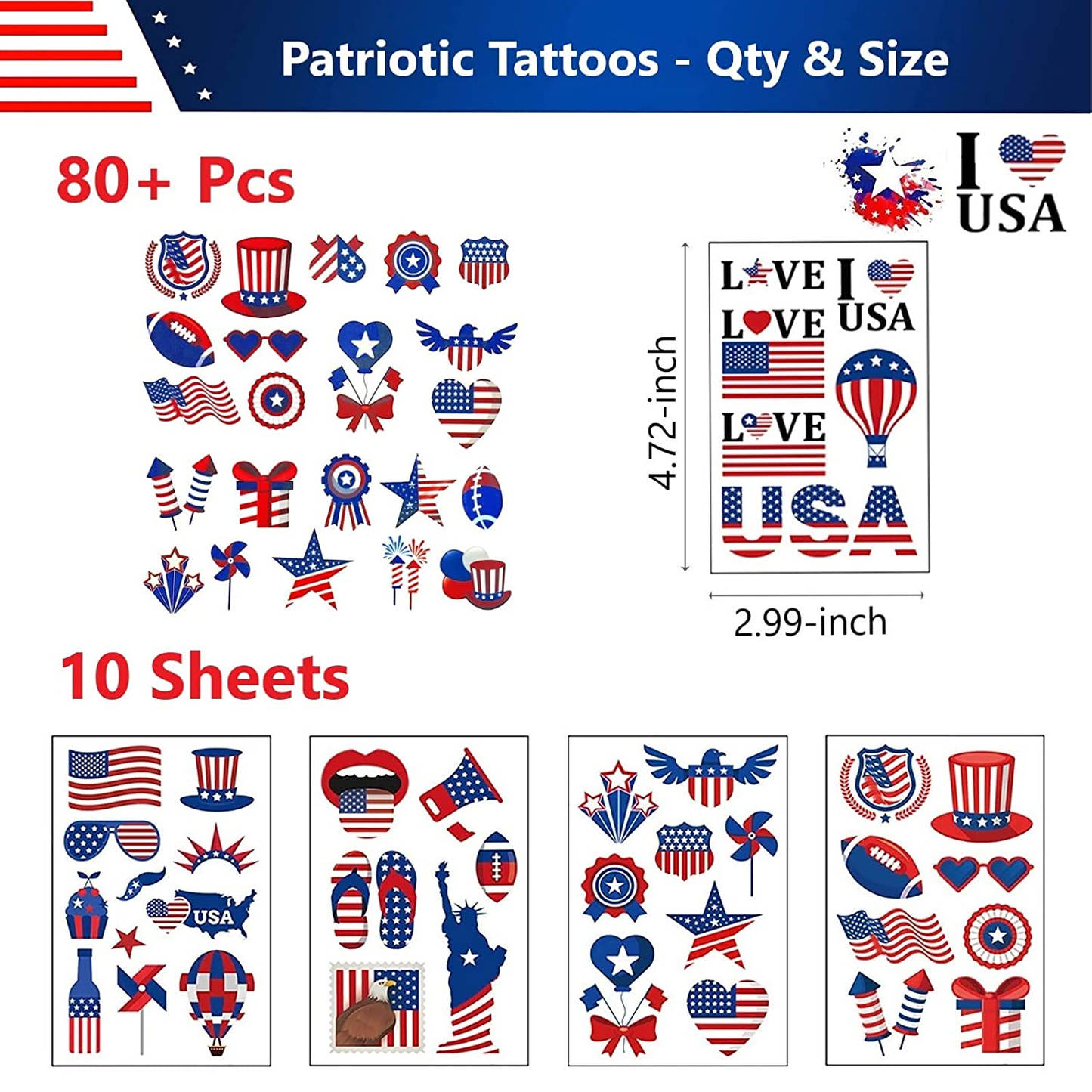10 Sheets 4Th of July Temporary Tattoos, 80 Pcs Cute Waterproof Patriotic Tattoos for 4Th of July Decorations Patriotic Decor