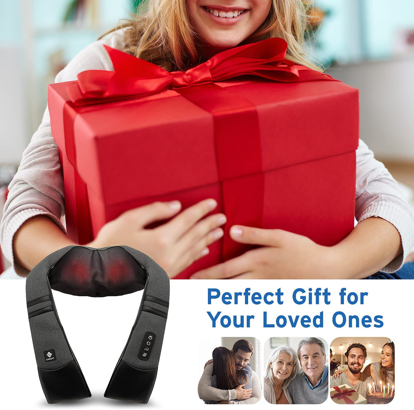 Etekcity Cordless Neck Back Massager with Heat, Christmas Gifts for Men Women Dad Mom, Birthday Gifts, Shiatsu Kneading Massage Pillow for Neck Back Shoulder Pain Relief, Home Car Chair Office Use
