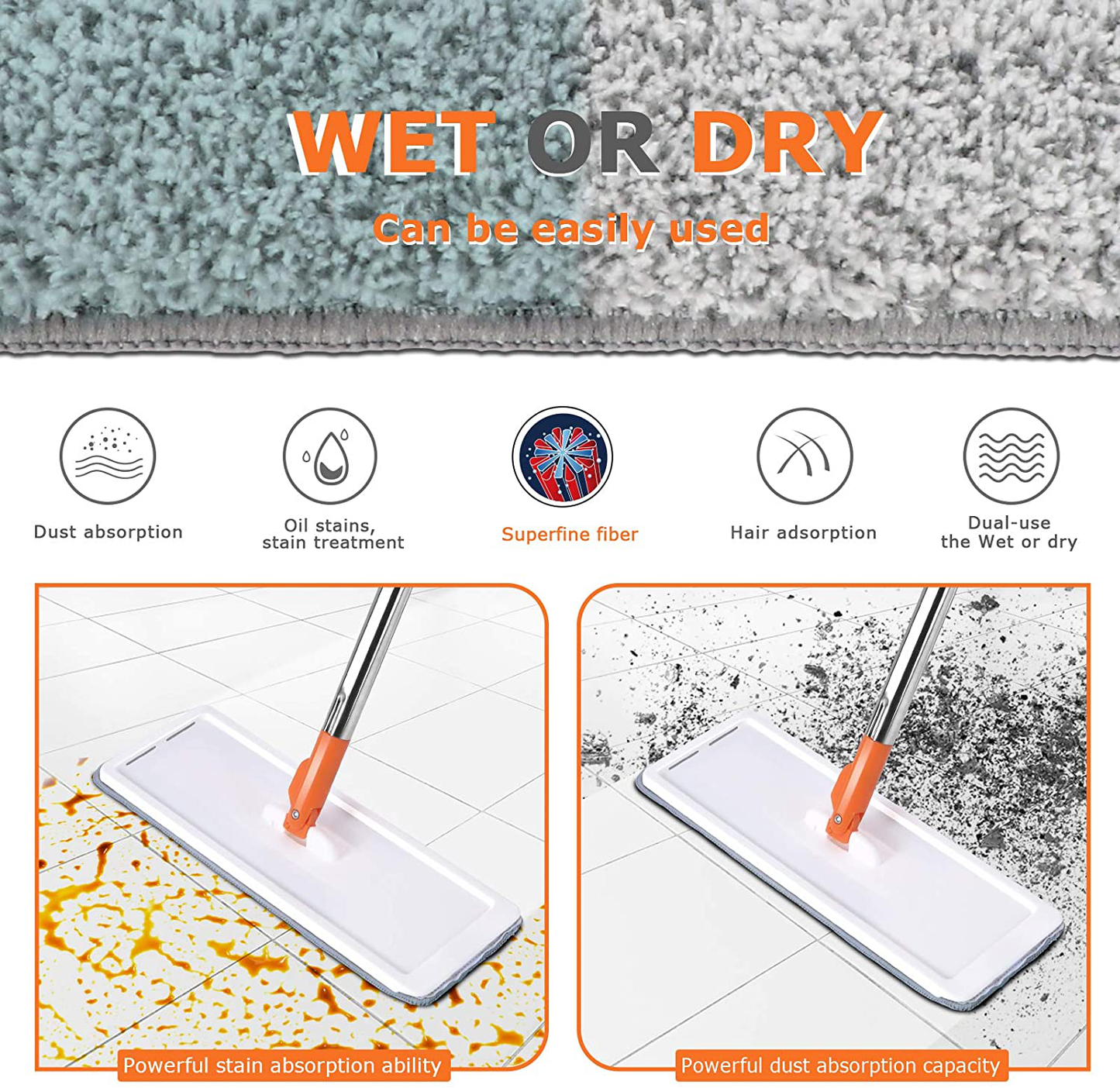 Flat Floor Mop and Bucket Set with 10 PCS Microfiber Mop Pads,Self Cleaning Squeeze Mop and Bucket System with Extended Stainless Steel Handle for Floor Cleaning