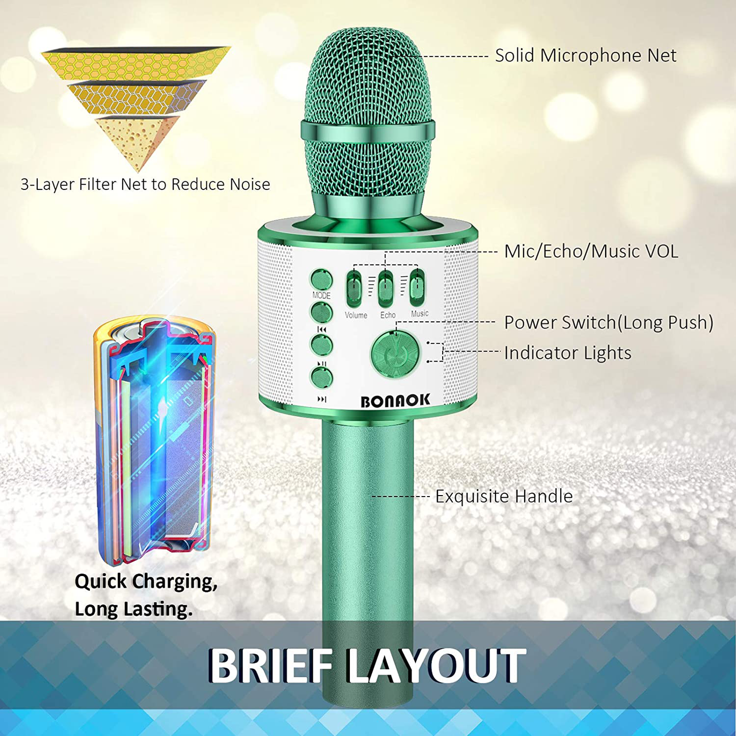 BONAOK Wireless Bluetooth Karaoke Microphone,3-in-1 Portable Handheld Karaoke Mic Speaker Machine Home Party Birthday for All Smartphones PC(Q37 Silver)