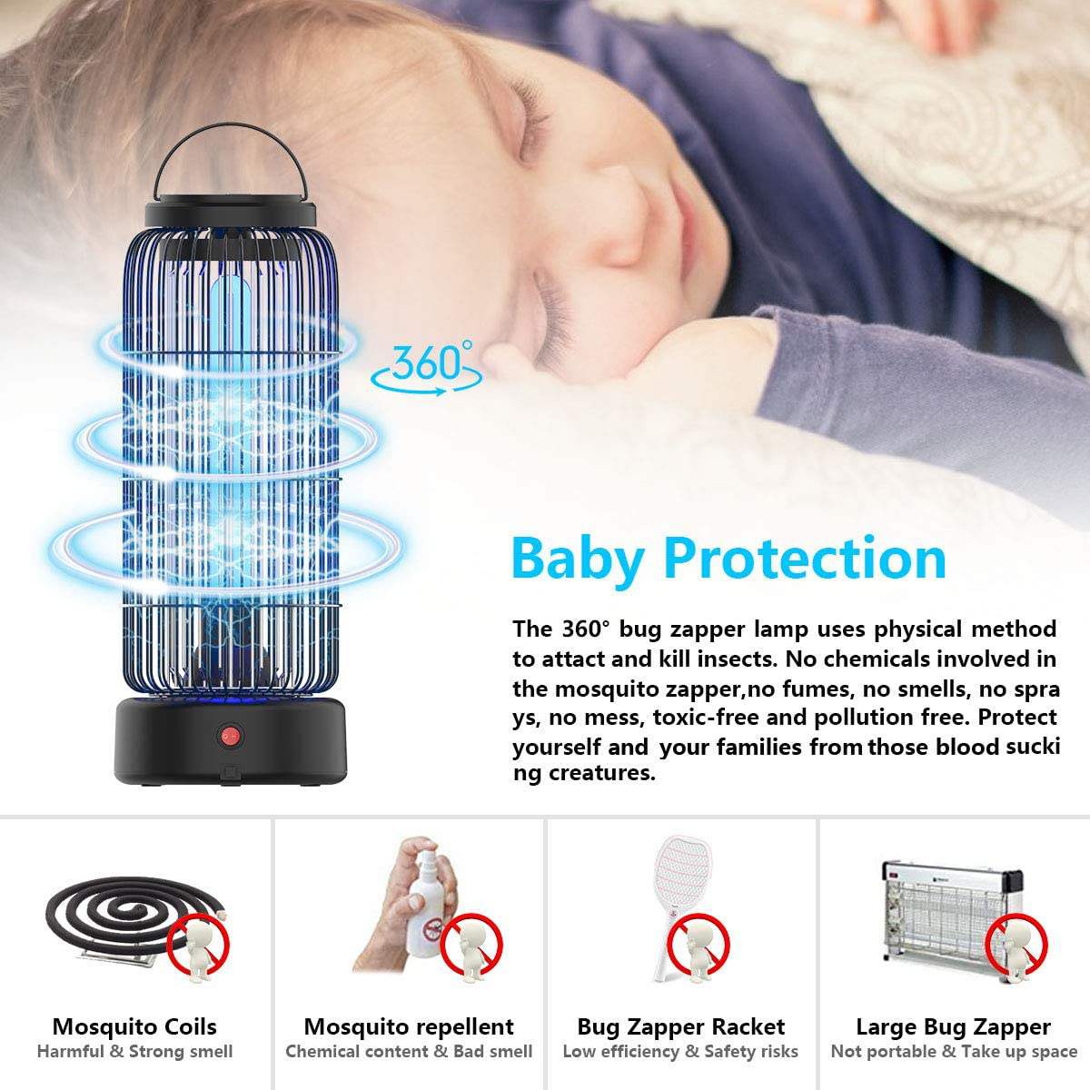 AMUFER Electric Bug Zapper High Powered Mosquito Killer with 11W Fly Insect Trap Lamp Bulb, Portable Hanging Pest Control 430sq.Ft Coverage for Indoor, Home,Kitchen, Bedroom,Office