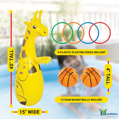 Inflatable Pool Basketball & Ring Toss Game - Large Poolside Giraffe Toy - Weighted Bottom for Stability - Playing Set with 4 Rings, 2 Basketballs - Indoor or Outdoor Party Supplies for Kids
