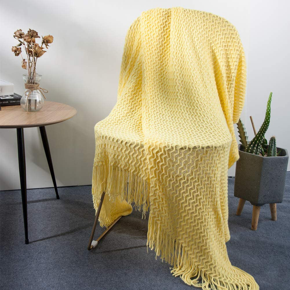LALIFIT Throw Blanket with Tassel Solid Soft Sofa Couch Cover Decoration Knitted Blankets Gifts for Home Decorate 50" x 60"(Chevron Yellow)