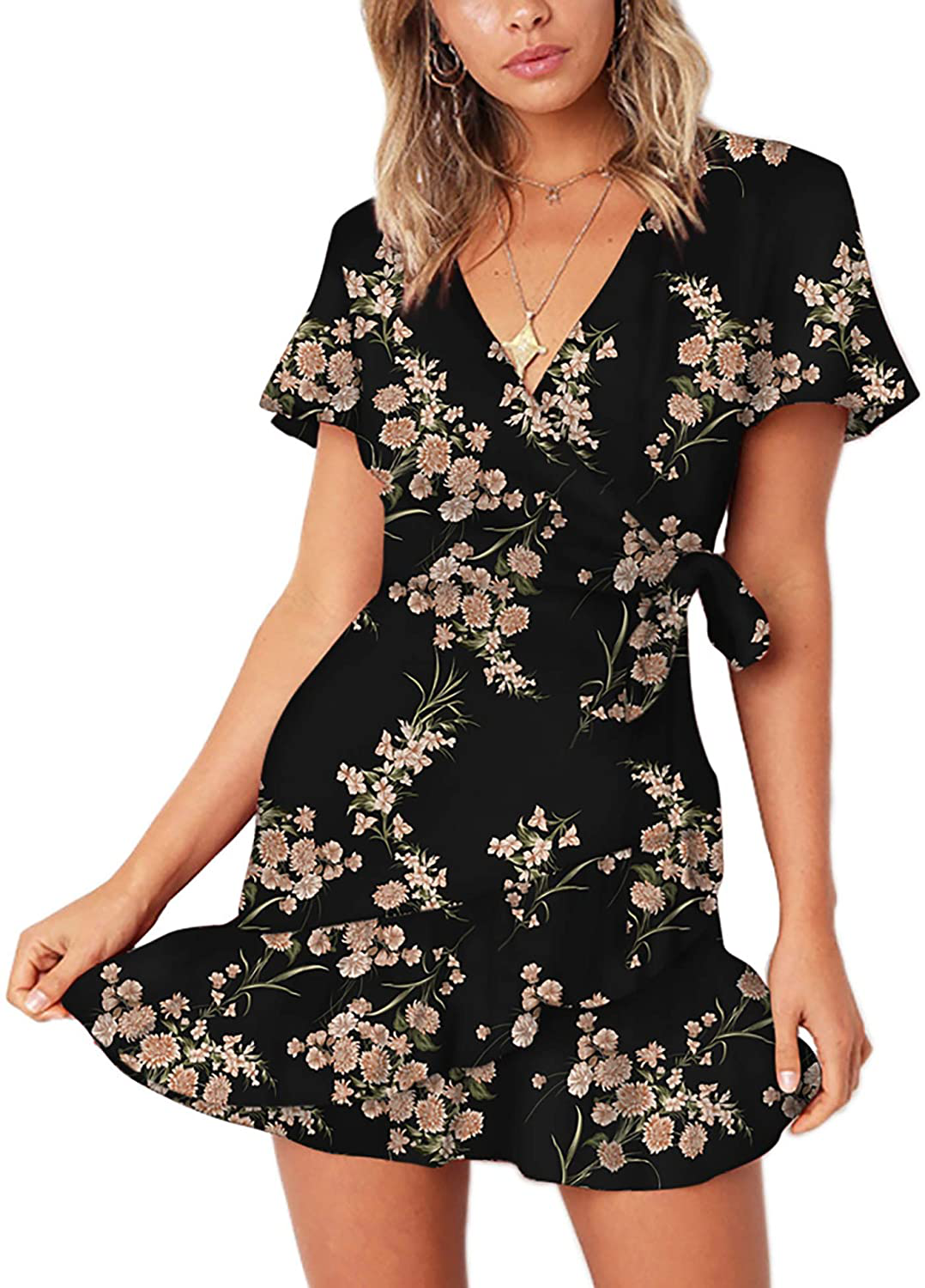 Relipop Summer Women Short Sleeve Print Dress V Neck Casual Short Dresses