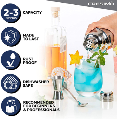 Cocktail Shaker Set by Cresimo - Stainless Steel Bartending Kit with 24 Ounce Cocktail Shaker with Built in Drink Strainer, Measuring Jigger, Mixing Spoon & Drink Recipe Guide - Professional Bar Tools