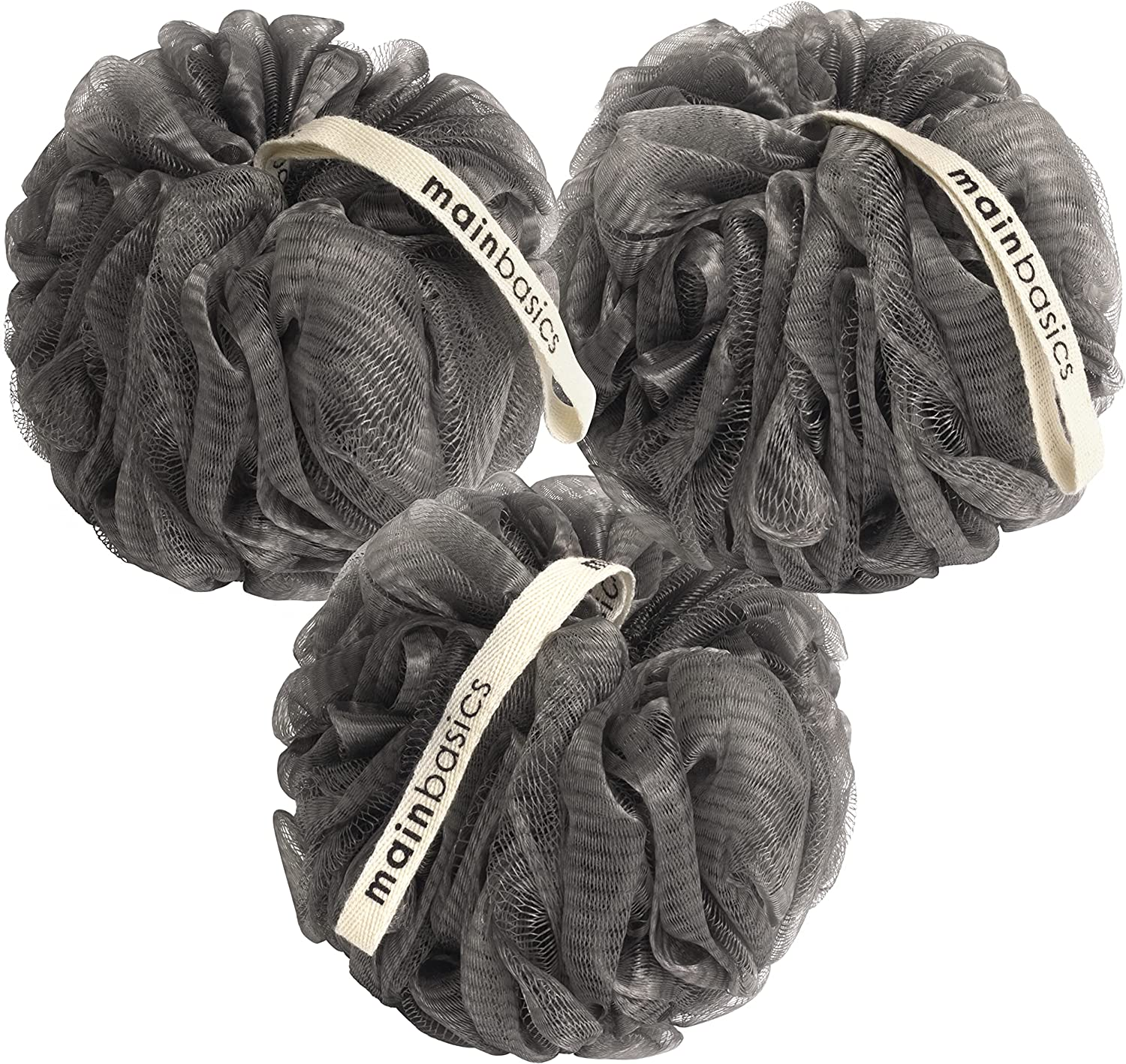 Charcoal-Infused Bath Shower Loofah Sponge Pouf Body Scrubber Exfoliator (Set of 3)